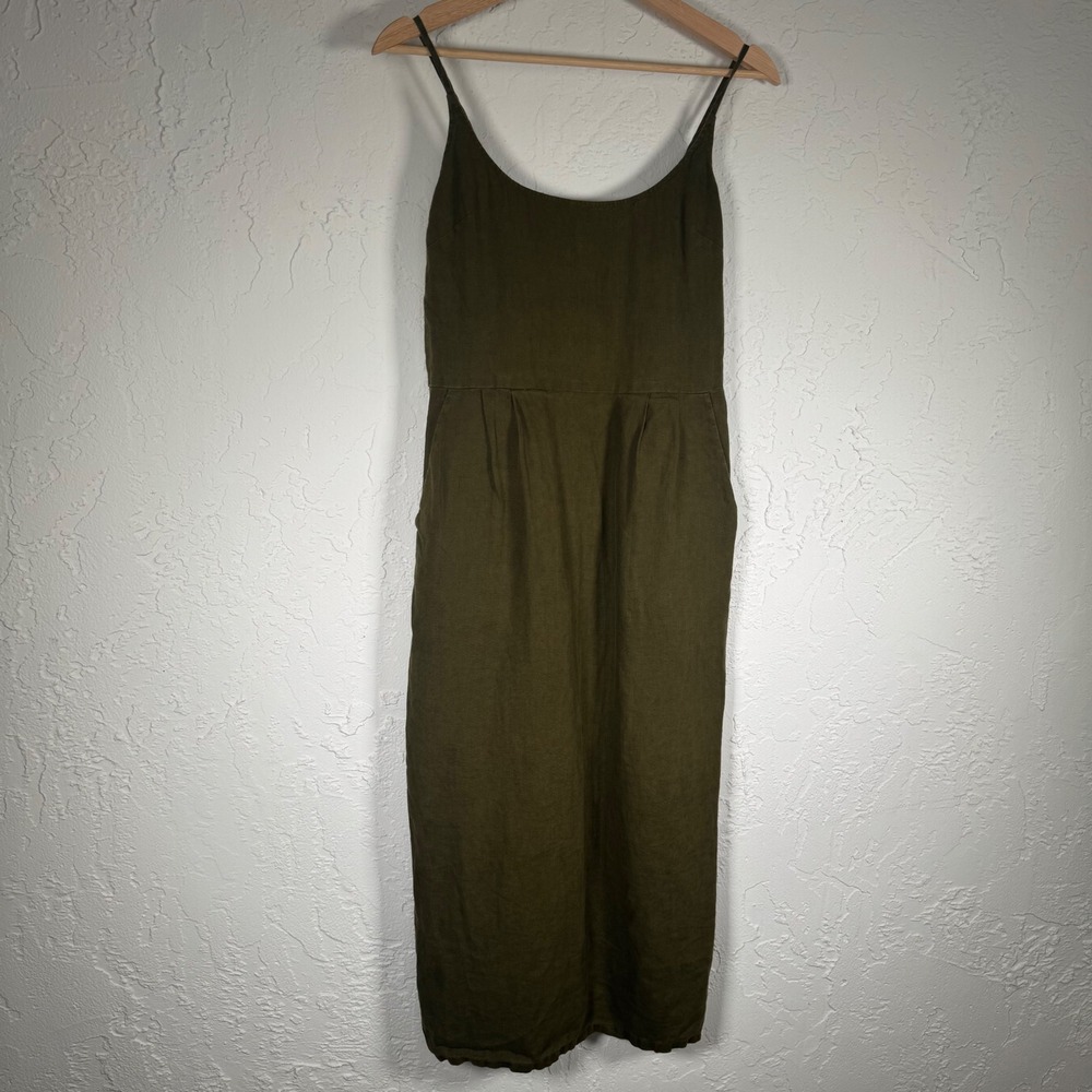 Quince 100% European Linen Scoop Neck Midi Dress Martini Olive Green CS001 Small - Picture 2 of 13